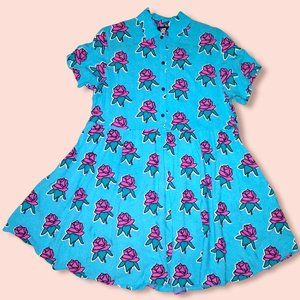 Lazy Oaf Rose Print button down Collared Babydoll Dress with pockets Small